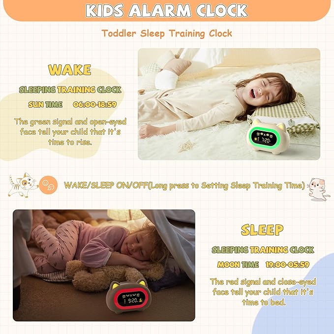 winshine Kids Alarm Clock, Ok to Wake Clock for Kids, Toddler Sleep Training Clock with Eye Protection, 10 Night Lights, Dual Alarms, Child Lock, Snooze, Timer - Cute Cat Clock for Girls and Boys
