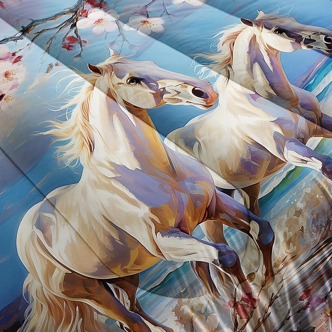 Western Farmhouse Horse Comforter Set,Pink Cherry Blossoms Bedding Sets for Kids Teens Girls Room Decoration,Coastal Beach Theme Bedding Queen Size Comforter Sets for Girls with 2 Pillowcases.
