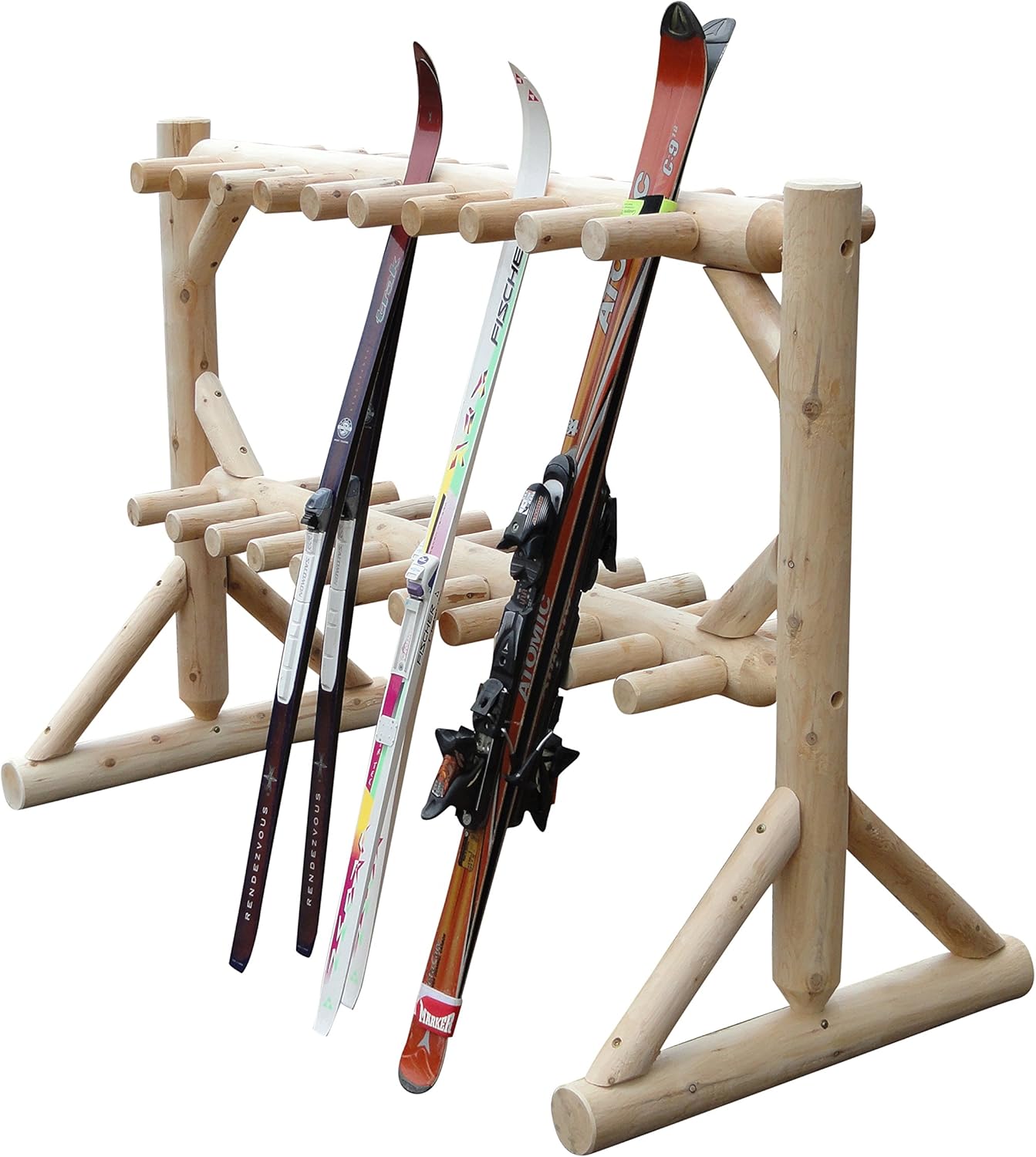 17-Place Freestanding Log Ski Rack Holder, Indoor & Outdoor Snowboard Racks, Standing Storage, Garage Racks for Snow Skis, Durable Snowboard Rack Garage Storage Organizer - Natural + 15" Anchor Kit