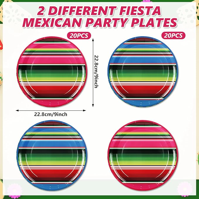 Whaline 40Pcs Mexican Fiesta Paper Plate Mexico Stripe Disposable Plate Cinco De Mayo Dinnerware Plates 9 Inch for Party Supplies Table Decor