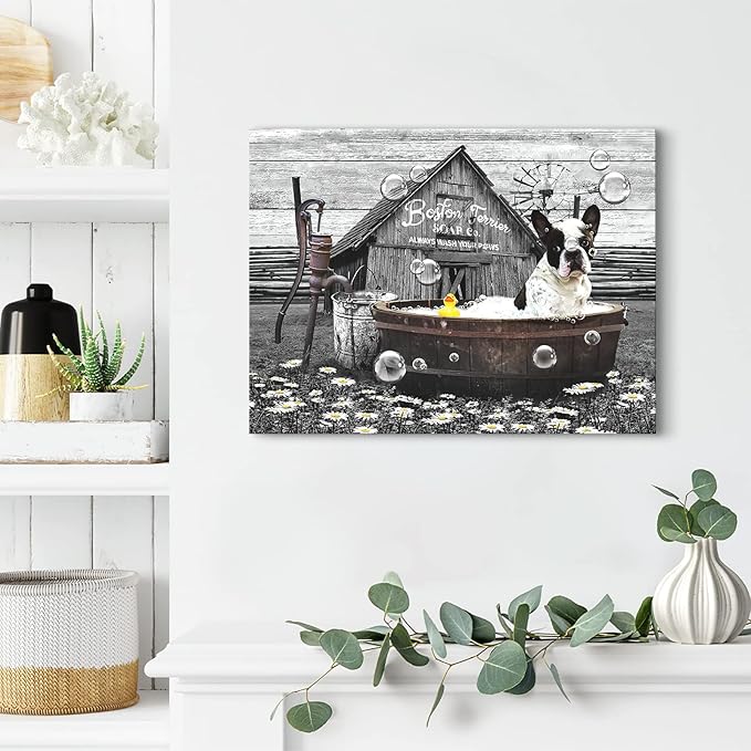 Boston Terrier in Bathtub Wall Art Funny Dog Pictures Wall Decor Farmhouse Bathroom Decor Painting for Bathroom Prints Black and White Artwork Framed 12"x16"