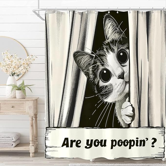 Yeoiat Funny Cat Shower Curtain, are You Poopin' Curious Kitty Whimsical Joke Humor Themed, Shower Curtain Set with 12 Hooks for Bathroom Decor (Black, 72"x72")