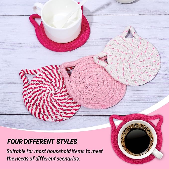 Whaline Cat Ears Coaster Set Hot Pink Handmade Braided Cotton Coasters Non-Slip Absorbent Drink Coasters with Holder for Graduation Birthday Housewarming Gifts Home Decor, 4Pcs