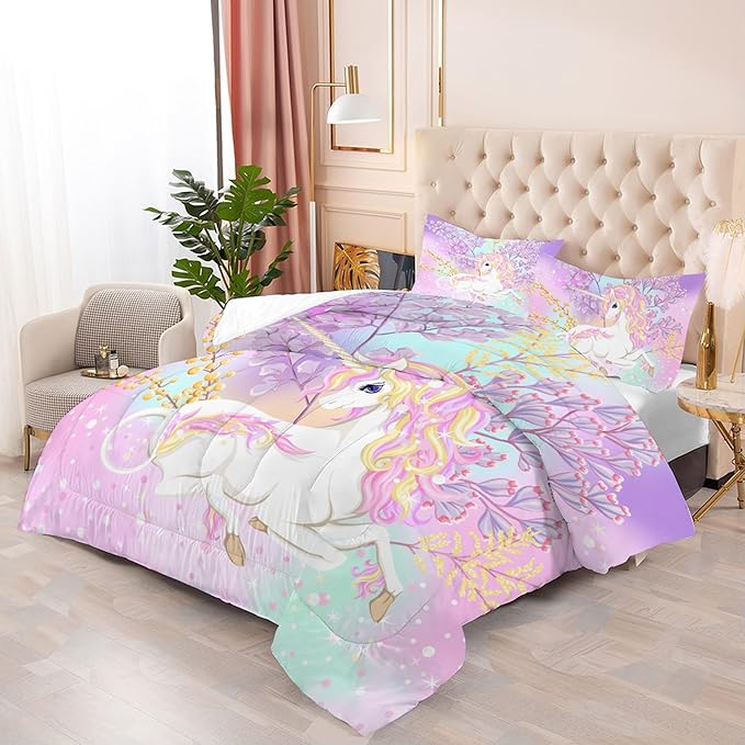 Unicorn Comforter Set Twin: Pink Purple Rainbow Unicorn Twin Bedding Sets for Girls Stars Cute Quilt Bed Set for Kids Teens Toddler Room Decor 1 Comforter & 1 Pillowcase