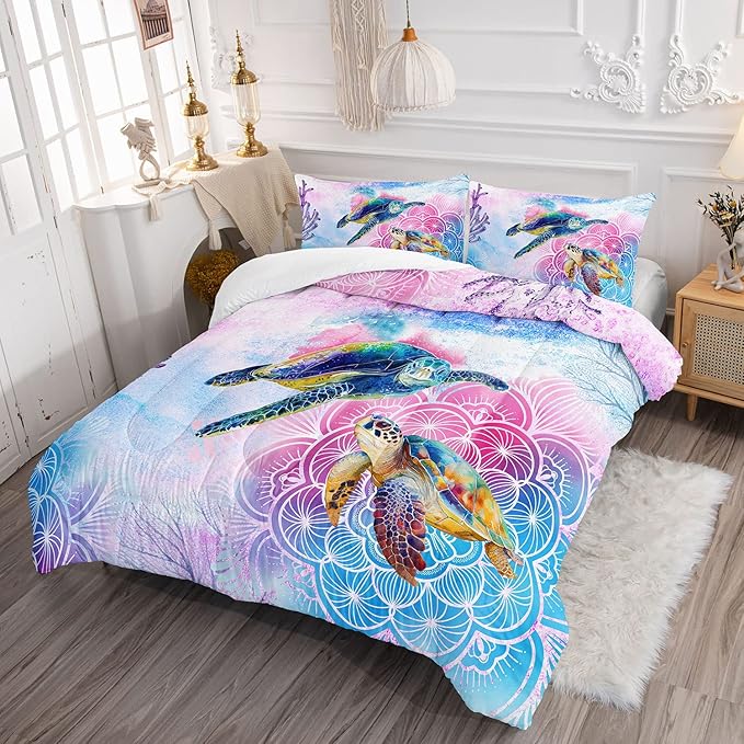Watercolor Turtle Comforter Bedding Set for Kids Teens,Pink and Blue Ocean Themed Sea Pattern Microfiber Comforter with 2 Pillowcases(Watercolor Turtle Queen)