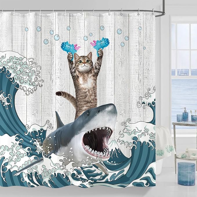 Yeoiat Cat Shower Curtain Shark Ocean Funny Shower Curtain Funny Decorative Shower Curtains for Bathroom Fun Shower Curtain Set with 12 Hooks Cat-03 72×72 Inches
