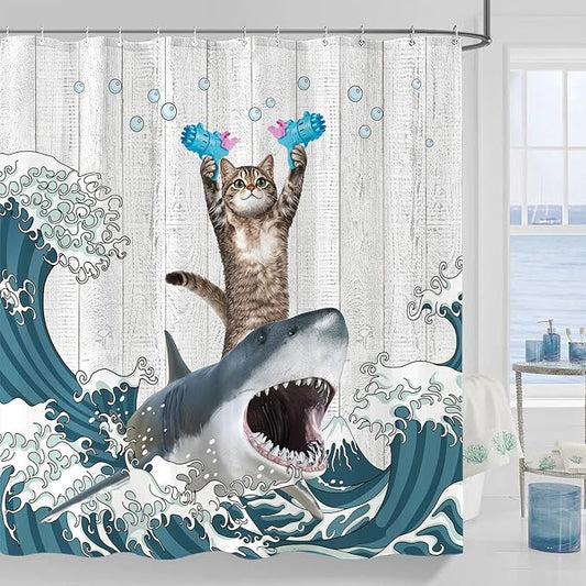 Yeoiat Cat Shower Curtain Shark Ocean Funny Shower Curtain Funny Decorative Shower Curtains for Bathroom Fun Shower Curtain Set with 12 Hooks Cat-03 72×72 Inches