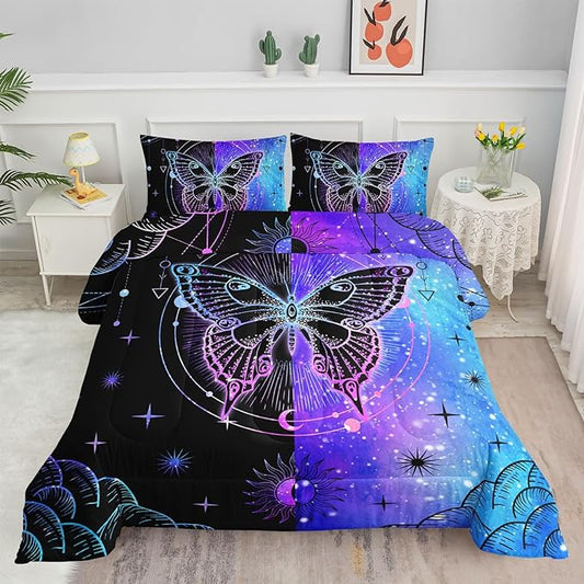 Black Blue Butterfly Comforter Set for Girls Women,Boho Butterfly Sun and Moon Mandala Printed Bedding Set with 2 Pillowcases(Black Blue Queen)