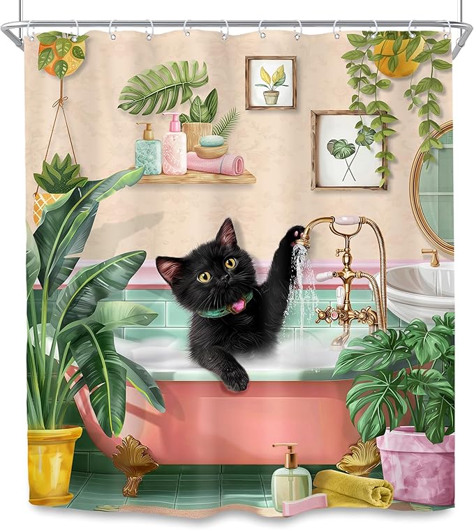SVBright Pink Cat Shower Curtain 60Wx72L Inch Kids Black Cat Lover in Bathtub Kitten Cute Cartoon Animal Lovrely Vintage Pet Girl 12 Pack Hooks Polyester Waterproof Fabric Bathroom Bathtub Panels