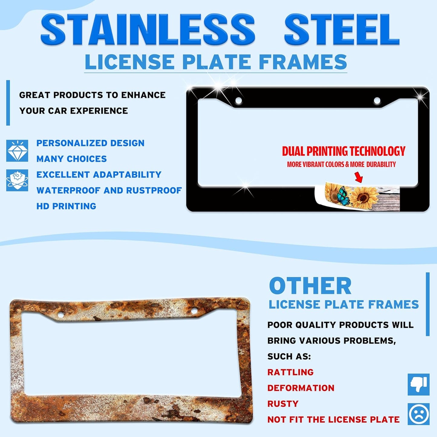 I'd Rather Be Hunting License Plate Frame Retro American Flag License Plate Holder for Front or Rear Car Tags Durable Stainless Steel Car Funny Decoration with Screws 6.3 X 12.2 Inch for Men Women