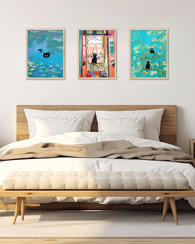 UPWOIGH Beige Oak Wood Blue Framed Wall Art, 12"x16" Monet Prints Vintage Canvas Wall Art, Funny Cat in Water Lilies Posters for Room Bedroom Living Room Bathroom Wall Decor Aesthetic,1Pack Gifts