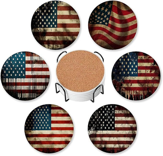 Vintage American Flag Set of 6 Coasters for Drinks Absorbing Round Ceramic Stone Coaster with Cork Base,Tabletop Protection Mat for Mugs and Cups,Office,Kitchen