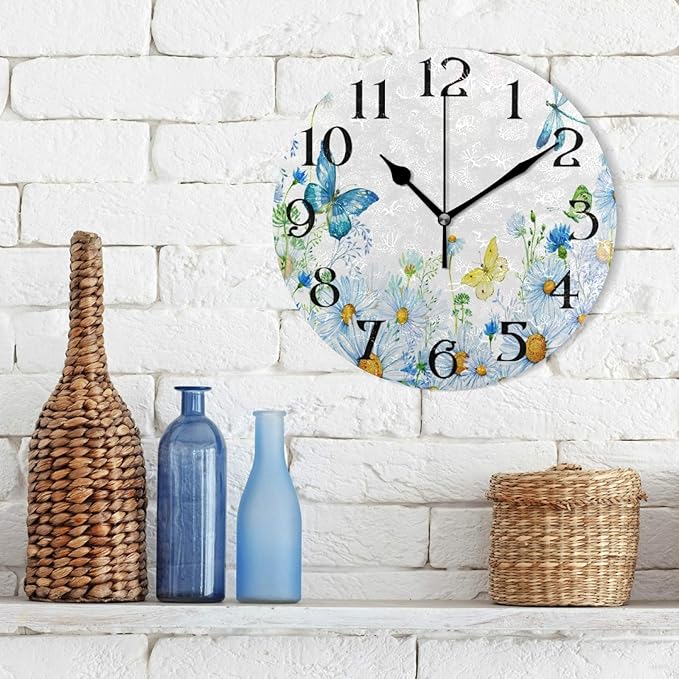 Butterfly Wall Clock Butterflies Clock Wall Decor Battery Operated Floral Clocks Daisies Wall Clock with Butterflies 9.5 in Non Ticking Quartz Analog Bathroom Clock