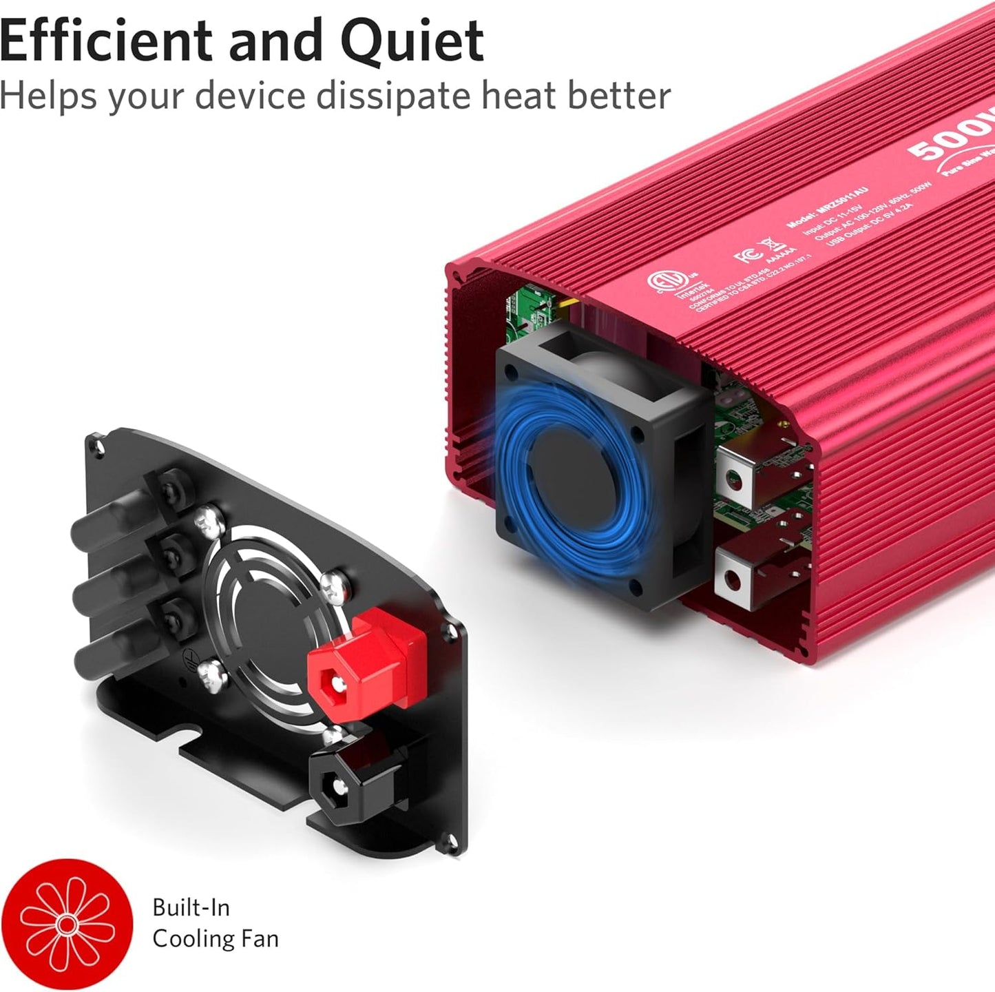 500W Pure Sine Wave Power Inverter, DC 12V to 110V AC Car Plug Inverter Adapter with 4.2A Dual USB Charging Ports and 2 AC Outlets Car Charger (Red)