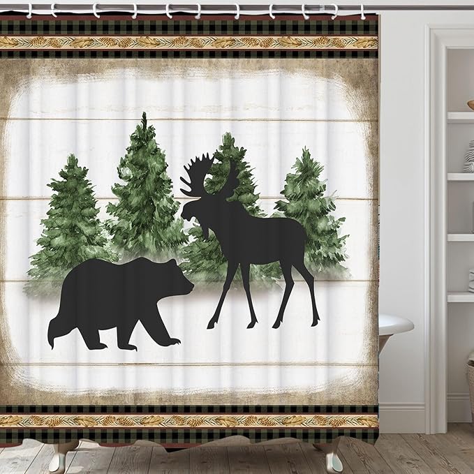 Cabin Bear Moose Farmhouse Shower Curtains,Christmas Tree with Cone Plaid Check Shower Curtain for Bathroom,Rustic Wildlife Animal Fabric Shower Curtain Set with Hooks Bath Decoration 36X72inches
