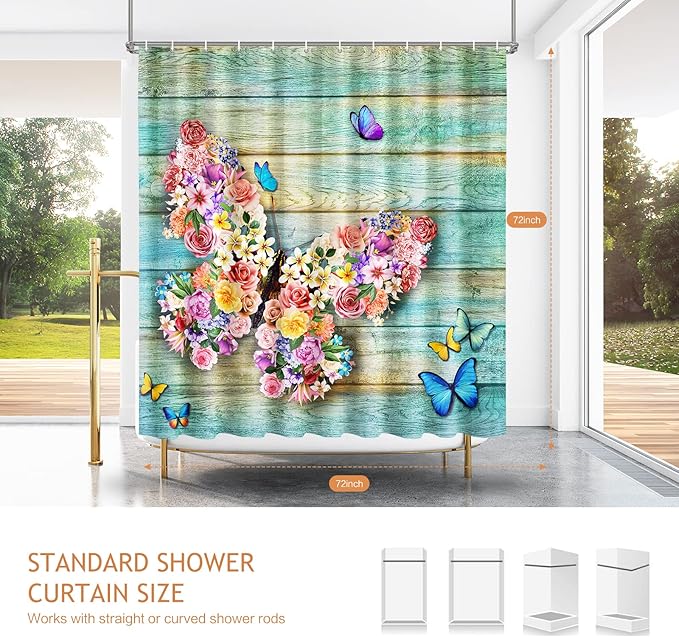 Vimorco Butterfly Shower Curtain, Flower Shower Curtains for Bathroom with Hook, Waterproof Quick-Dry Polyester Fabric Shower Curtain, Machine Washable Floral Bathroom Set, Bath Curtain Decorative