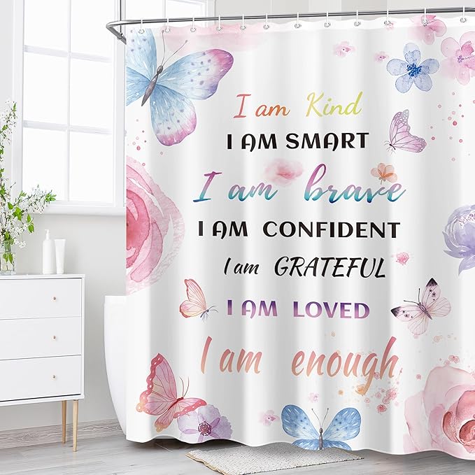 Watercolor Butterfly Inspirational Quote Shower Curtain Sets for Bathroom 60Wx72H Colorful Flower Floral Butterfly Shower Curtain Girls Bathtub Curtain Motivational Positive Bathroom Decor