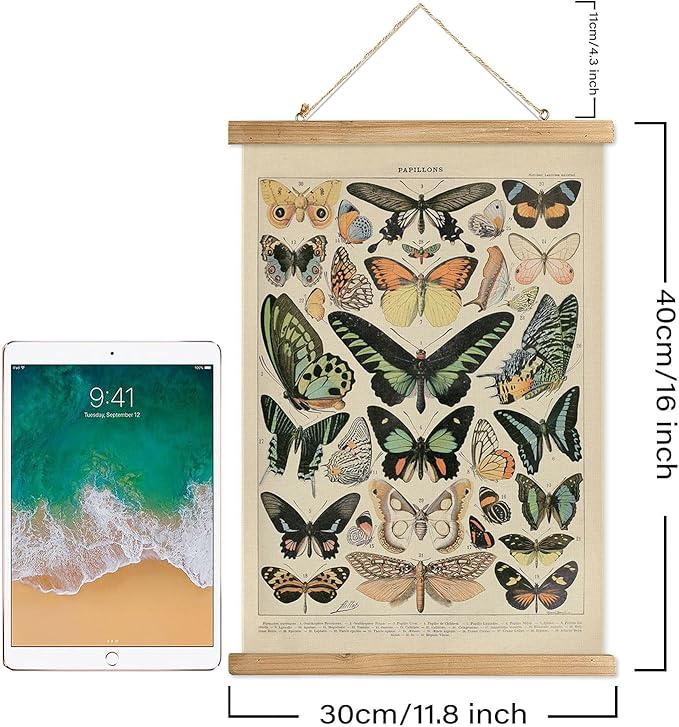 XIAOAIKA 3-Pack Vintage Educational Posters with Wooden Frames - Botanical, Butterfly, and Arboreal Illustrations, Nature-Themed Wall Art for Home and Classroom, 12x16 Inches