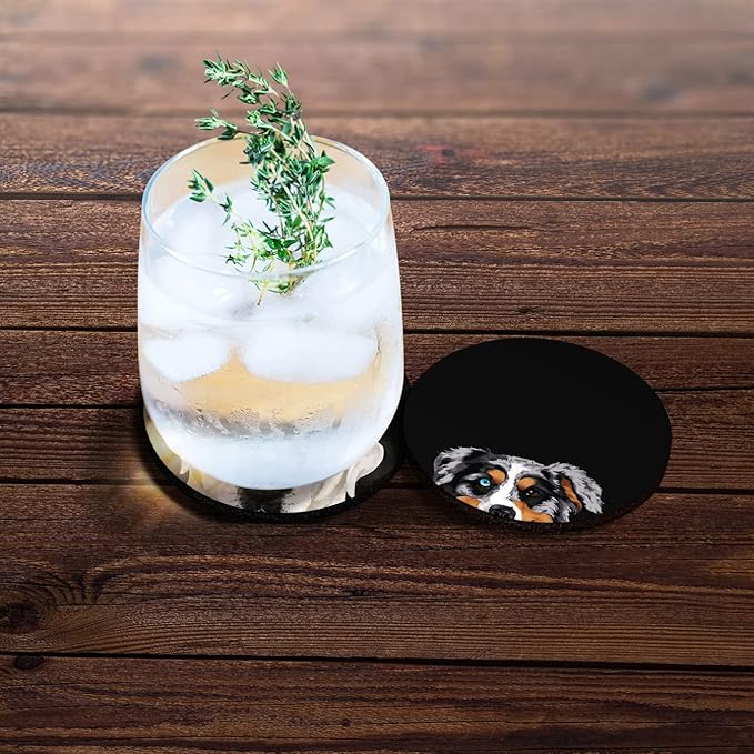 WIRESTER, Merle Aussie Australian Shepherd Dog, White Labrador Retriever Dog Design Absorbent ROUND Fabric Felt Neoprene Car Coasters for Drinks (2.87 inches), 2pcs Set