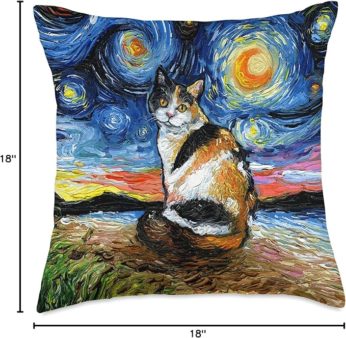 Calico Cat Starry Night Kitty and Moon Art by Aja Throw Pillow