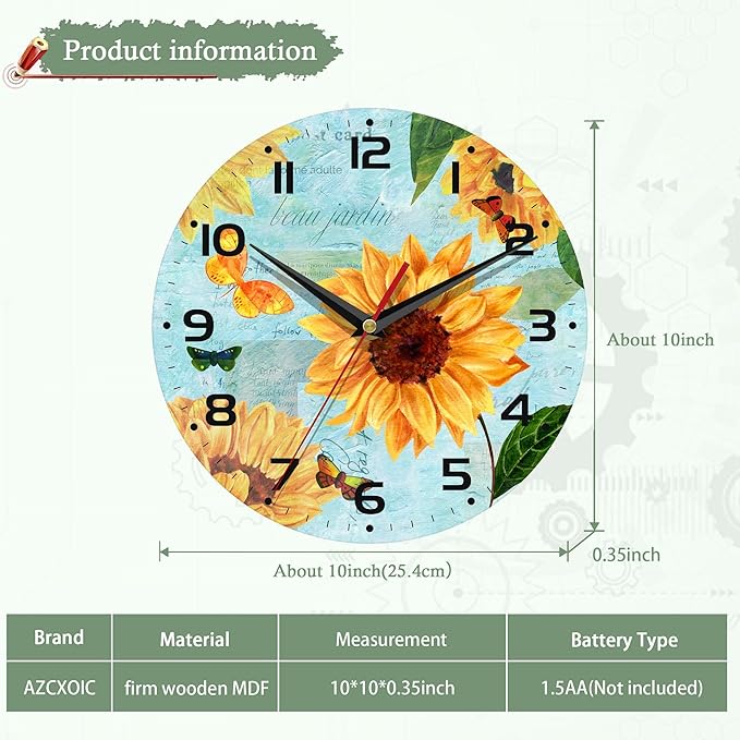 Vintage Teal Sunflower Wall Clock for Bathroom,Sunflower Wall Clocks Silent Non-Ticking Battery Operated Clock 10 Inch,Wall Clocks Decorative for Living Room,Kitchen,Office