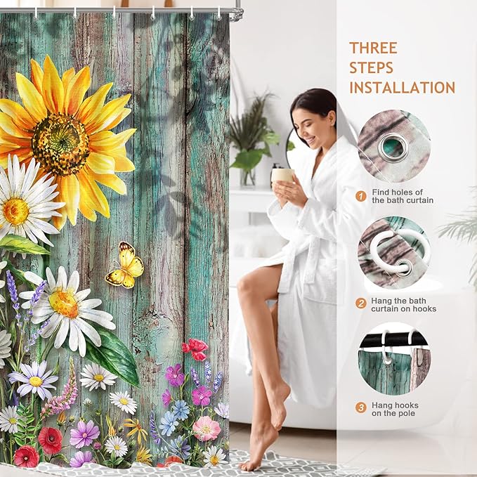 Vimorco Sunflower Shower Curtain, Butterfly Shower Curtains for Bathroom, Waterproof Quick-Dry Polyester Fabric Shower Curtain, Daisy Floral Bathroom Set, Bath Curtain Decor, 12 Hooks, 72''x 72''