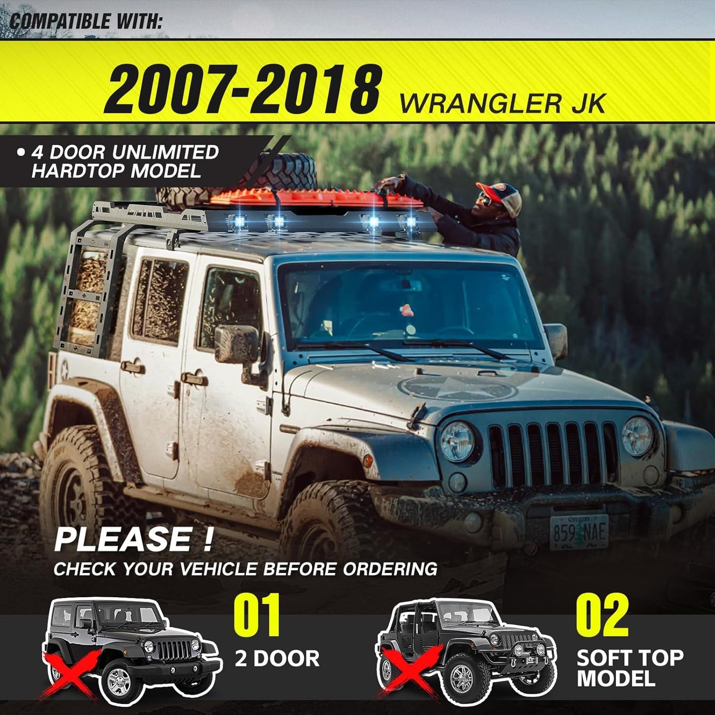 for JK JKU Roof Rack Hard Top Cargo Basket with Ladder & 4 LED Lights Compatible with 2007-2018 Jeep Wrangler JK JKU Unlimited 4 Doors Hardtop, Rooftop Rack Carrier Luggage Storage Holder