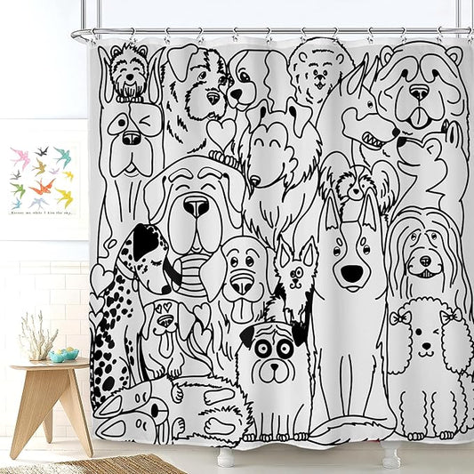 SVBright Funny Cute Dog Shower Curtain 72Wx72L Inch Cartoon Black and White Lovely Animals Silhouette for Kids Kawaii Cool Hilarious 12 Pack Hooks Polyester Waterproof Fabric Bathroom Bathtub Panels