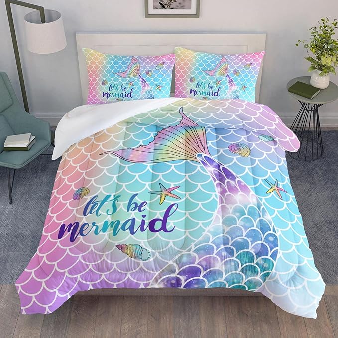 Bedding Comforter Set Rainbow Scales Mermaid Printed Pattern Bedding Set with 1 Comforter and 2 Pillowcases for Girls Bedroom All Season(Rainbow Scales Mermaid Full), Full 80x90inches
