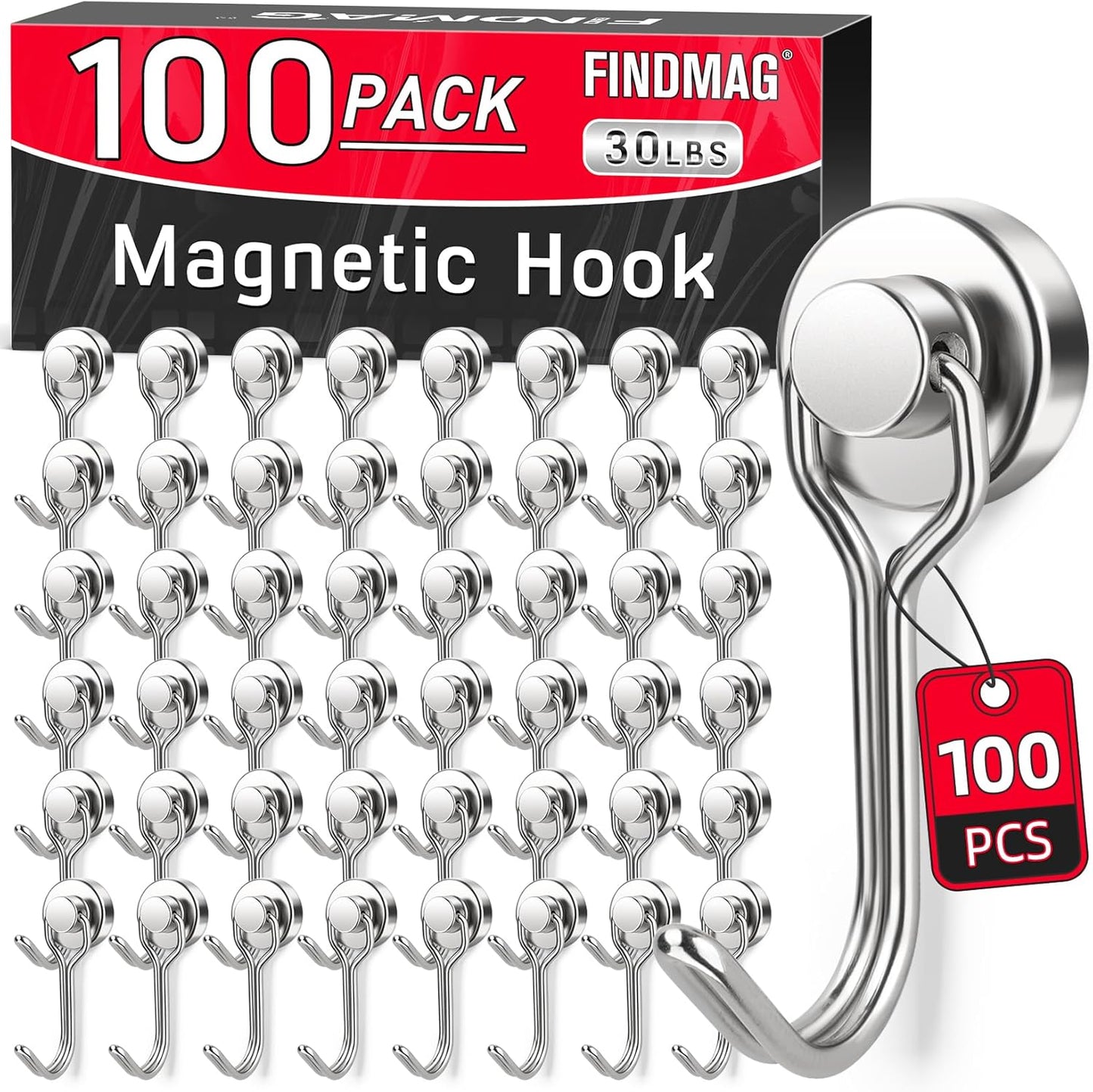 FINDMAG 100 Pack Magnetic Hooks, 30lbs+ Magnetic Hooks for Cruise Cabins, Heavy Duty Strong Neodymium Swivel Swing Hooks for Refrigerator, Grill, Home Supplies, Kitchen Organization - Silver