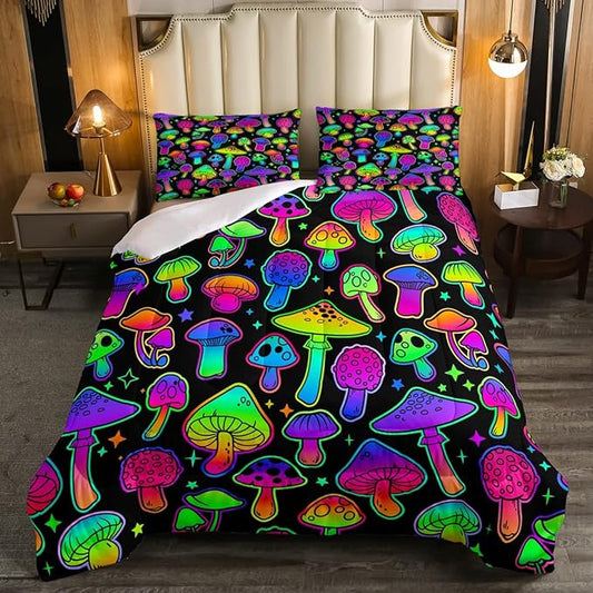 Boys Cute Mushroom Bedding Sets Full Size,Teen Girls Purple Black Hippie Mushrooms Comforter Set Kids Colorful Stars Botanical Bed Comforter Set Wild Plant Bedding Quilt Teal 2 Pillow Cases