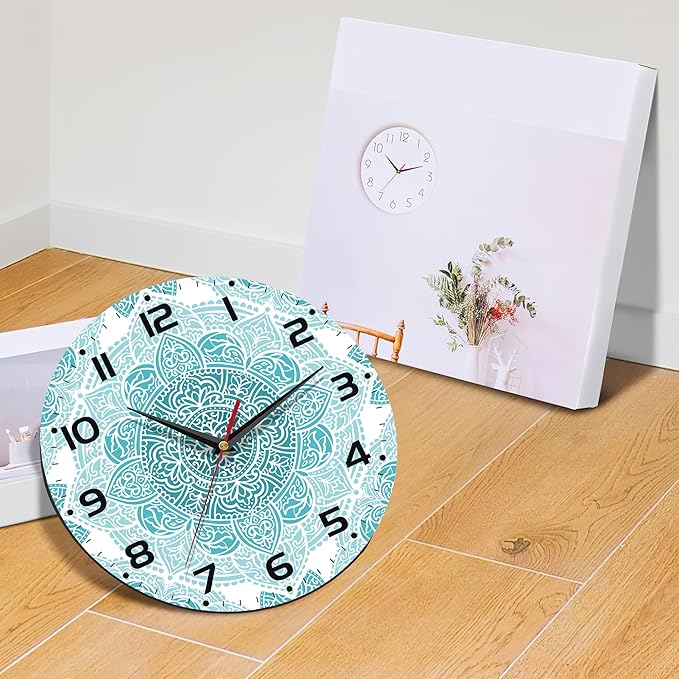 Teal Mandala Flower Wall Clock, Silent Non-Ticking, Battery Operated, Wooden Decorative Round Clock with Arabic Numerals, 10 Inch