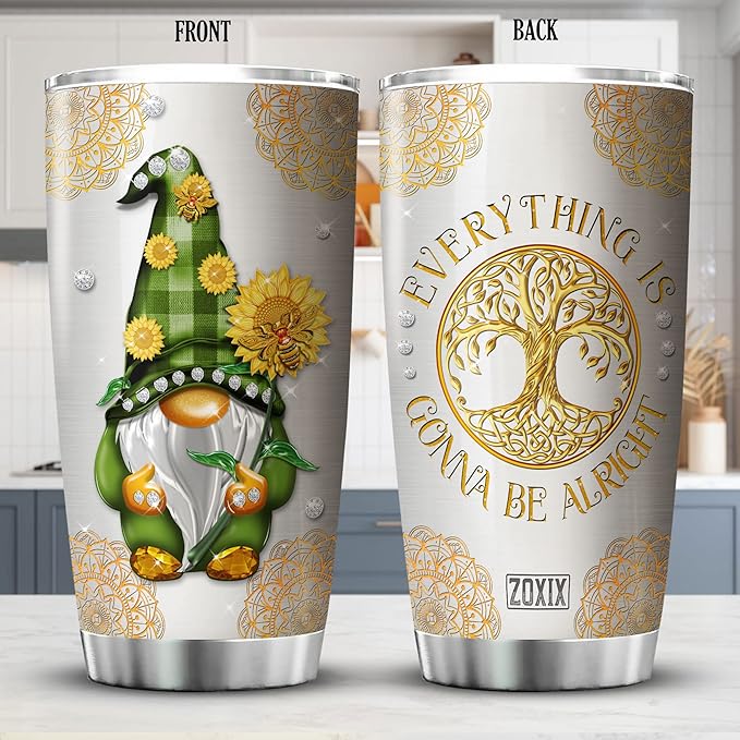 ZOXIX Gnome Insulated Tumbler Everything Is Gonna Be Alright Jewelry Style Stainless Steel Coffee Travel Cup 20oz Cute Gnome Mug With Lid Mandala Hippie Gifts For Women Birthday