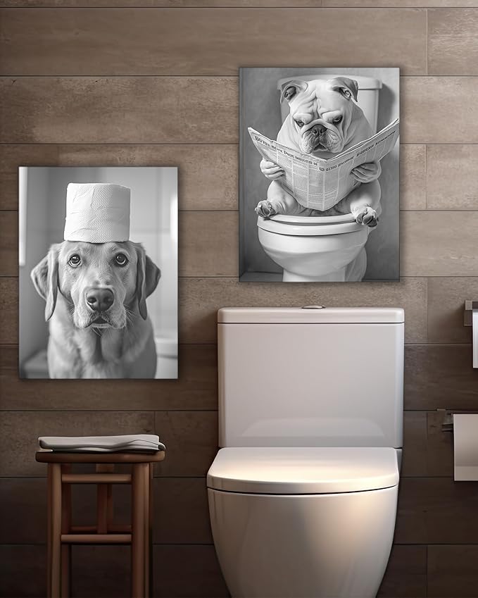 UPWOIGH Bathroom Wall Art Decor, Black and White Labrador Retriever Dog Toilet Paper Wall Art, Wood Framed Canvas Wall Art Animals Abstract Prints, 12"x16" High-end Pictures for Dormitory Kids Room