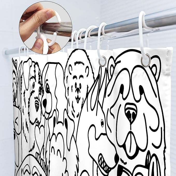 SVBright Funny Cute Dog Shower Curtain 72Wx72L Inch Cartoon Black and White Lovely Animals Silhouette for Kids Kawaii Cool Hilarious 12 Pack Hooks Polyester Waterproof Fabric Bathroom Bathtub Panels