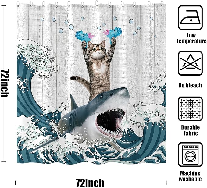 Yeoiat Cat Shower Curtain Shark Ocean Funny Shower Curtain Funny Decorative Shower Curtains for Bathroom Fun Shower Curtain Set with 12 Hooks Cat-03 72×72 Inches