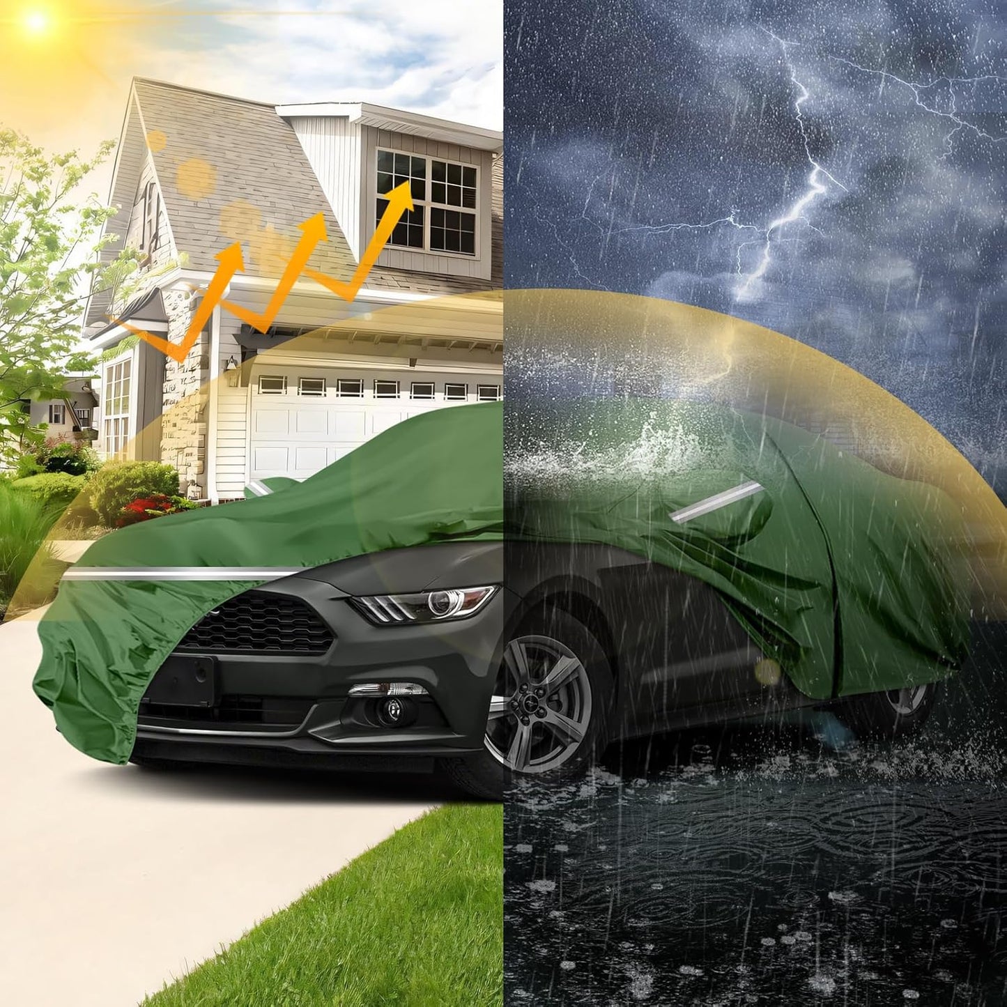 BOSSTONE Car Cover Custom Fit for Ford Mustang 1994-2025, Waterproof All Weather for Automobiles Full Exterior Cover Rain Sun Snow Protector with Door Zipper (Green)