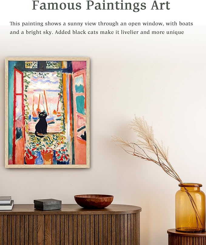 UPWOIGH Beige Oak Wood Framed Wall Art, 12"x16"Matisse The Open Window Cat Print, Cute Black Cat Picture, Henri Matisse Poster, Funny Animal Art for Bedroom Bathroom, 1Pack Gifts