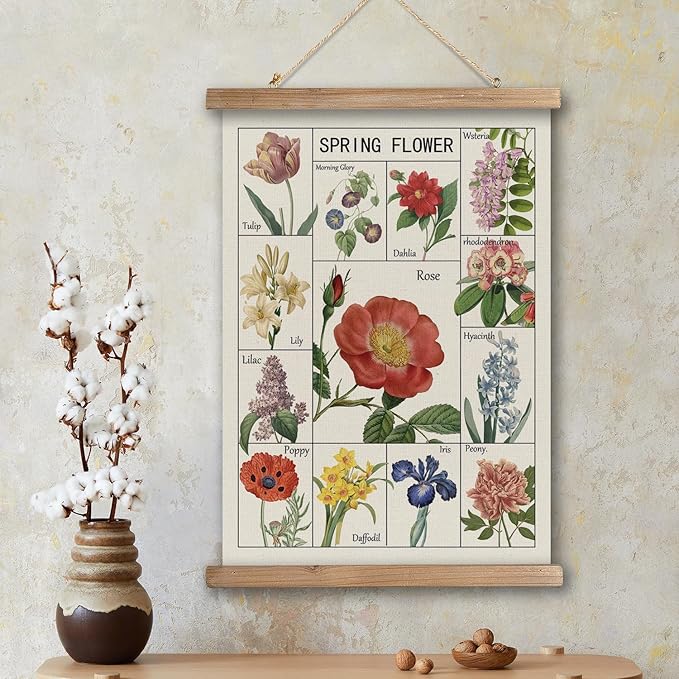 Vintage Spring Flower Poster Print, Botanical Educational Illustration, Rustic Wooden Hanger Frame, Linen Canvas Wall Art Decor, Farmhouse Cottagecore Style for Living Room Bedroom Office (16" x 23")
