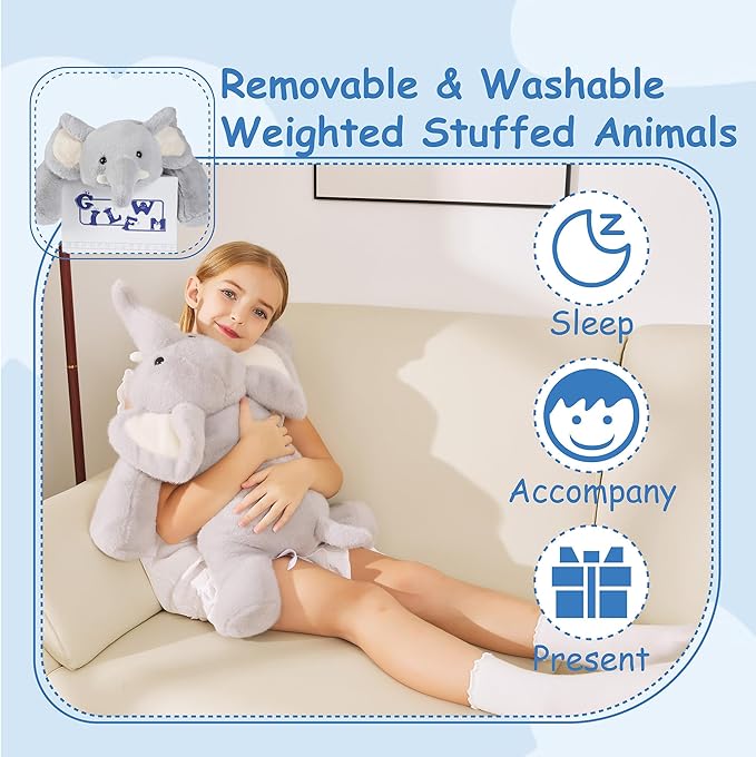 Weighted Stuffed Animals Elephant - 25" Big Stuffed Animal Toy Pillow for Kids & Adults, 5 lbs Ultra-Soft Washable Weighted Plush