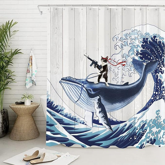 Yookeb Funny Cute Cat Riding Bathroom Shower Curtain Whale Ocean Kids Hilarious Japan Kanagawa Waves Wooden 60W by 71H Inch Polyester Fabric 12 Plastic Hooks Waterproof Decor