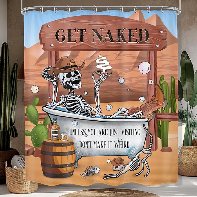 Western Cowboy Skull Skeleton Shower Curtain 60Wx72H Funny Cool Texas Gothic Spooky Unique Mexican Bone in Bathtub Bathroom Decor Retro Desert Cactus Bath Curtain Fabric Polyester 12 Pack Hooks