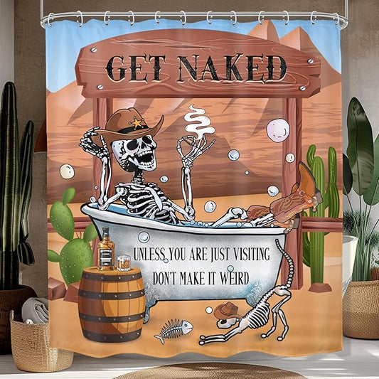 Western Cowboy Skull Skeleton Shower Curtain 60Wx72H Funny Cool Texas Gothic Spooky Unique Mexican Bone in Bathtub Bathroom Decor Retro Desert Cactus Bath Curtain Fabric Polyester 12 Pack Hooks
