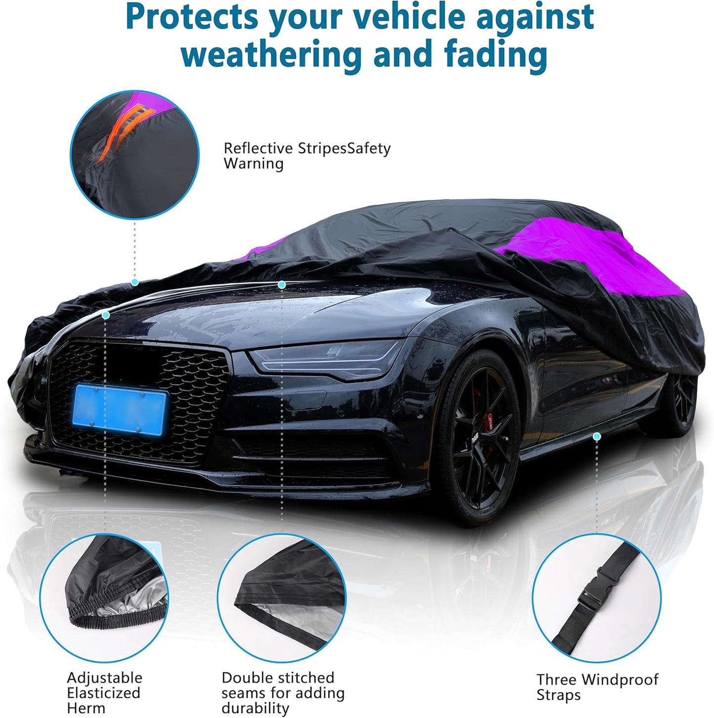 MORNYRAY Waterproof Car Cover All Weather Snowproof UV Protection Windproof Outdoor Full car Cover, Universal Fit for Sedan (Purple, A0-Fit Sedan Length(Up to 153 inch)