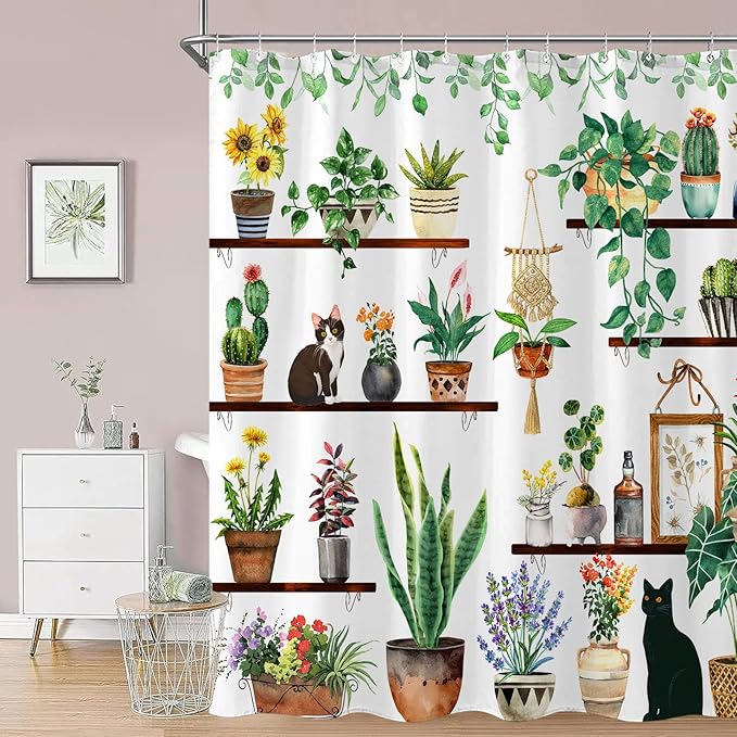 Yeoiat Plants Cat Shower Curtain Cute Shower Curtain for Bathroom with 12 Hooks Polyester Fabric Waterproof Shower Curtains for Bathroom Decoration (White, 72"x72")