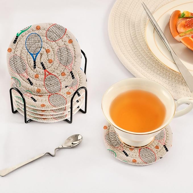 Tennis Rackets Balls Coasters for Drinks Set of 6 Woven Drink Coaster Set Absorbent for Housewarming Gift Coffee Table Home Decor