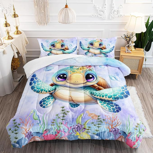 Turtle Bedding Set 3pcs Full Ocean Life Shell Comforter Set Kid Fish Crab Bedding Set for Boy Girl Watercolor Tortoise Seaweed Theme Pattern Quilt Bed Set with 1 Comforter and 2 Pillowcases