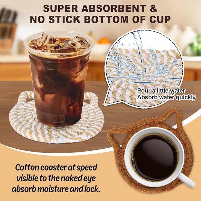 Whaline Cat Ear Coasters Set Brown White Handmade Braided Cotton Coasters Non-Slip Absorbent Drink Coasters with Holder for Table Protection Housewarming Gift Home Decor, 4Pcs