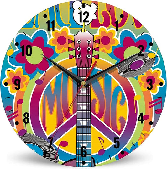 SPUNKER Clock for Bedroom,Music Guitar Kitchen Wall Clock,Peace Symbol Dove Clocks 10 Inch Silent Non-Ticking Wall Battery Operated for Living Room Bedroom Bathroom Laundry Room Decor