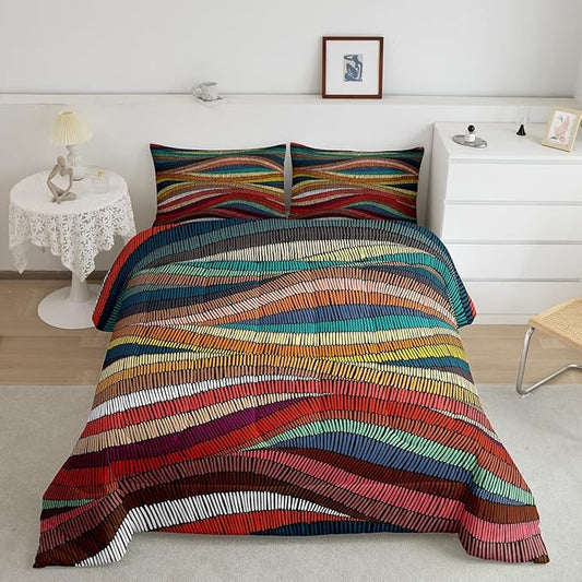 Boho Comforter Set Twin Bohemian Wavy Bedding Rainbow Embroidered Waves Bedding Comforter Sets Geometric Tribal Ethnic Bedroom Decor Colorful Abstract Lightweight Duvet Insert for Adult